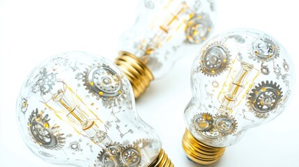 Poster - Clear Light Bulbs With Gears on White Background Generative AI