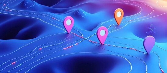 Wall Mural - colorful location pins on a blue wavy 3d surface, representing routes.