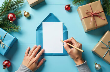 person writes wishes on a greeting card, a blue envelope, wrapped gifts and festive Christmas decorations on a light blue background. Merry Christmas and Happy New Year