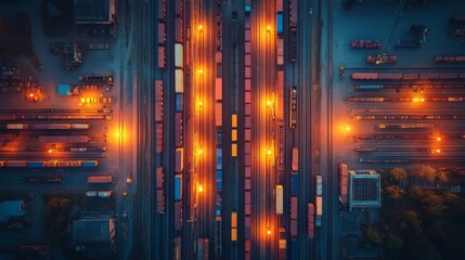 Fototapete - trains are arranged neatly in a freight yard as the twilight sky casts a soft glow, highlighting the