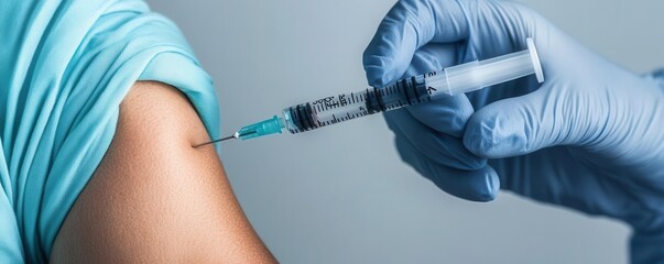 Close-up of a patient's arm with a syringe administering a flu shot, vaccination, preventive care