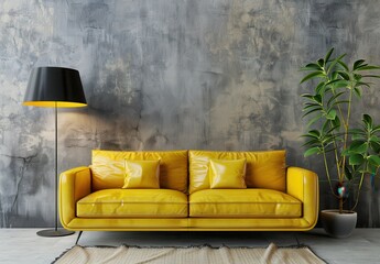 Modern living room interior with a vibrant yellow sofa, stylish lamp, and decorative plant against a textured gray wall, creating a contemporary and inviting atmosphere