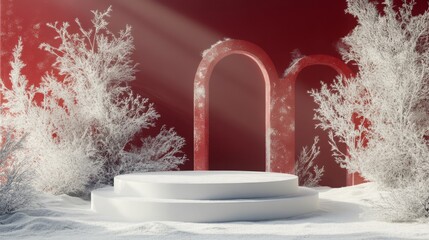 Fototapete - A serene winter setting showcases a circular platform surrounded by frosted trees. The red backdrop highlights arch structures, creating a captivating contrast against the white snow.