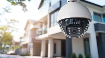 Security camera monitoring home exterior in sunny day, ensuring safety and surveillance.