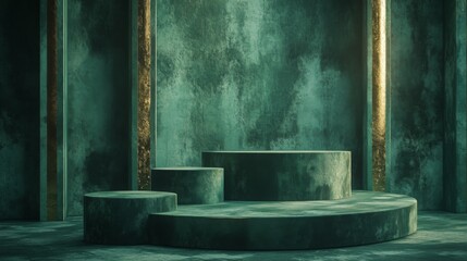 Poster - A circular stone platform with varying heights is situated within an indoor space featuring textured green walls. The unique lighting creates a moody atmosphere, highlighting architectural details.