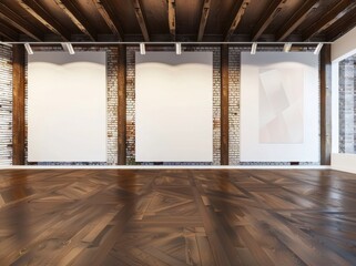 Empty gallery space with exposed brick wall, wooden beams, and hardwood floor