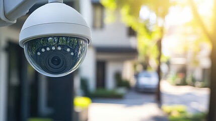 Security camera monitoring outdoor area near buildings with green trees and sunlight.