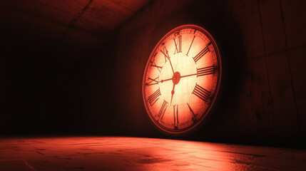 A clock with Roman numerals is lit up in a dark room