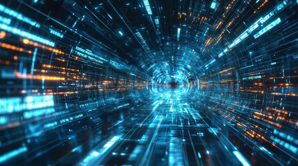 Poster - A futuristic digital world with fast connections, artificial intelligence, and virtual reality. It's all about communication, massive data, and the speed of information.