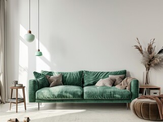 Minimalist living room interior with a green velvet sofa, two pendant lamps, a throw blanket, a side table, and a vase with dried flowers