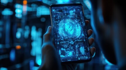 Poster - Person holding smartphone with digital hologram icon of a user profile in a futuristic tech interface