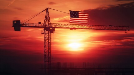 Silhouette of a construction crane holding an American flag at sunset.