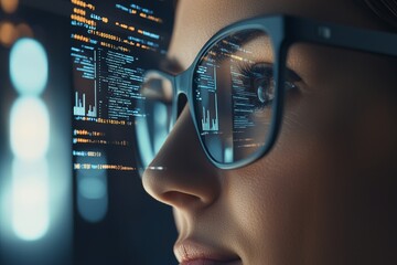 In this scene, she's a young nerdy computer programmer looking through data, software or network interface. She's a female programmer coding and concentrating.