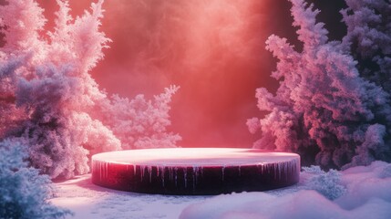 Aufkleber - A serene winter setting features a circular platform illuminated by soft, warm light. Surrounding the platform are frost-covered trees, creating a magical contrast against the chilly atmosphere.