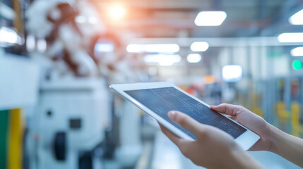 Poster - A hand holds a tablet in front of a blurry automated machine, representing the concept of smart industry control.