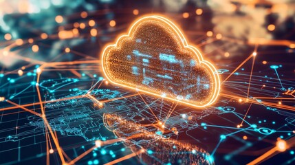 Aufkleber - a cloud technology concept with an abstract world map polygon and a large prominent cloud icon in th