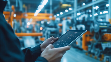 Poster - A hand holds a tablet in front of a blurry automated machine, representing the concept of smart industry control.