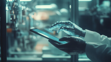 Poster - A hand holds a tablet in front of a blurry automated machine, representing the concept of smart industry control.