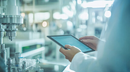 Poster - A hand holds a tablet in front of a blurry automated machine, representing the concept of smart industry control.
