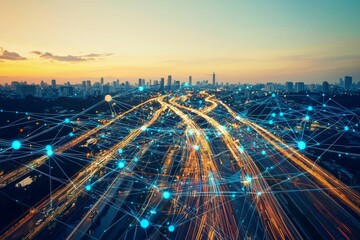 Conceptual image of a smart city with a speed line glowing light trail around it. Conceptual image of big data connecting the city.