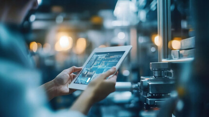 Poster - A hand holds a tablet in front of a blurry automated machine, representing the concept of smart industry control.