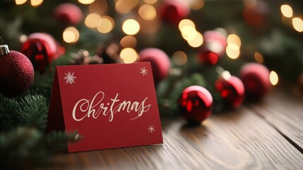 Wall Mural - A bright red Christmas card stands on a wooden table near a decorated Christmas tree. Christmas leaflet on the background of a decorated Christmas tree