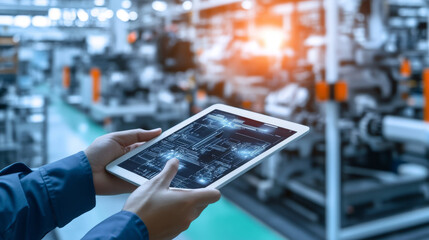 Poster - A hand holds a tablet in front of a blurry automated machine. This shows how technology is used to control and manage smart factories.