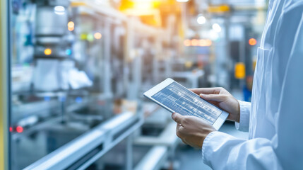 Poster - A hand holds a tablet in front of a blurry automated machine. This shows how technology is used to control and manage smart factories.