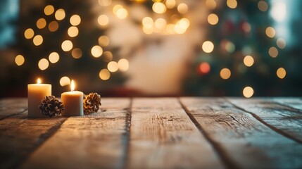 Wall Mural - Empty wooden structural table. Christmas dinner table with decorated Christmas tree and presents in blurred background