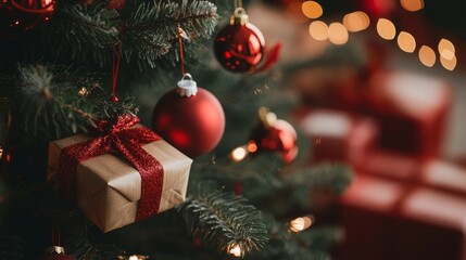 Wall Mural - Decorated Christmas tree with red ornaments and presents