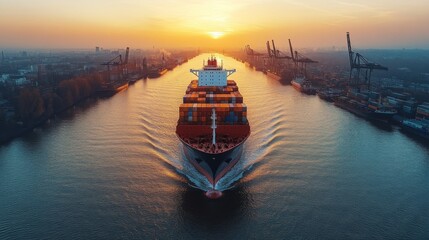 Aufkleber - A large cargo ship sails through a wide waterway at sunset, leaving a wake behind. Cranes and industrial buildings line the banks, highlighting bustling port activity.
