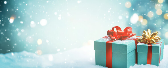 Wall Mural - two beautifully wrapped christmas gift boxes with red and gold ribbons sit on snowy surface, surroun