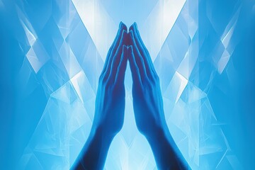 Poster - Abstract blue hand with glowing polygonal design in a futuristic digital art style and ethereal background