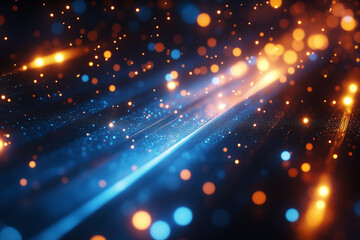 Bright blue and orange particles create a dynamic abstract design in a dark backdrop, showcasing vivid light trails