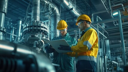 two engineers wearing safety helmets work on high-tech machinery in a nuclear plant. industrial envi