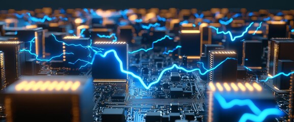 Poster - An illuminated circuit board with an illuminated processor sends electric pulses of information through its wires in a futuristic style concept 3D rendering