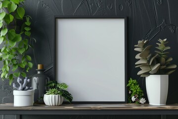 Blank picture frame mockup on a dark wall with houseplants and copy space. Add your artwork, prints, or posters for a stylish display