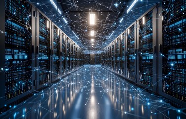 Poster - 3D rendering of servers, data centers, and storage systems connected to networks