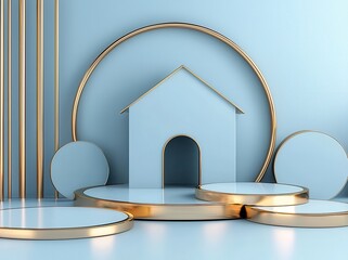 Poster - Modern abstract blue and white background with geometric shapes and a minimalist house structure
