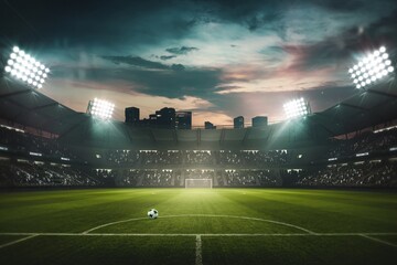 Wall Mural - Night Football Stadium: A dramatic, atmospheric image of a soccer stadium at night, illuminated by powerful stadium lights, ready for the big game.  The anticipation is palpable.