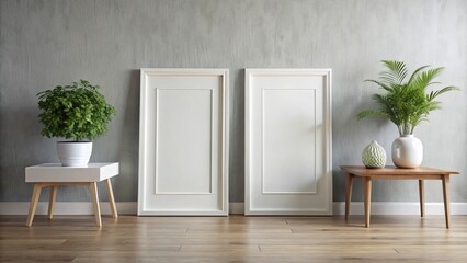 Interior mockup featuring two white frames against a simple background, ready for artwork or text.