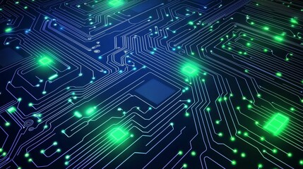 Poster - High technology electronic circuit board. Computer technology blue background. Concept of hi-tech digital technology. Modern illustration.