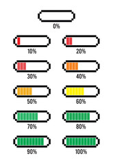 Battery charging process. Different Battery charge level. Set of pixel battery charge level indicators. Pixel art. Vector Illustration.