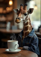 Wall Mural - Giraffe drinking coffee in a cozy shop. Funny animals scene for social media promo. 