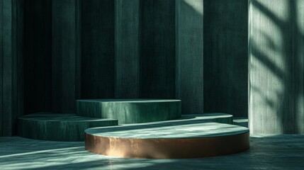 Fototapete - A contemporary architectural space features sculptural steps made of smooth, textured surfaces. Soft light casts shadows across the minimalist design, creating an inviting and tranquil atmosphere.