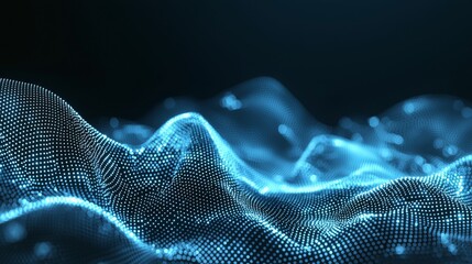 Poster - Digital particles wave flow in blue, abstract background in digital cyberspace