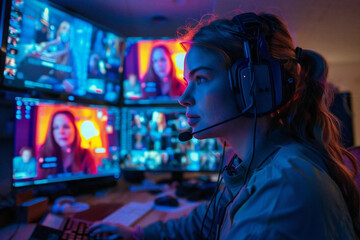 Wall Mural - woman in a headset participating in an online video conference on multiple screens in a home office 