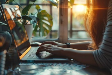 woman using a hybrid laptop to calculate and create online digital invoices and statements for her business.