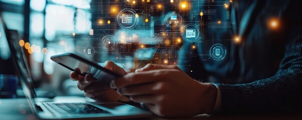 Poster - Close-up view of hands using a mobile device with digital graphs and data overlays in a futuristic setting