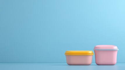 Two colorful food storage containers on a blue background, ideal for kitchen organization and meal prep.